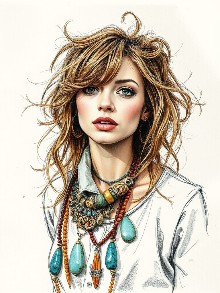 Bohemian Woman Sketch with Tousled Hair and Dreamy Atmospher...