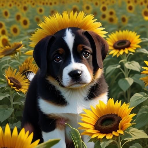 Sunny Puppy Amidst Vibrant Sunflowers