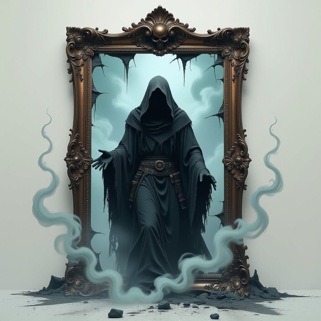 Grim Reaper Emerges from Shattered Mirror in Dark Fantasy St...