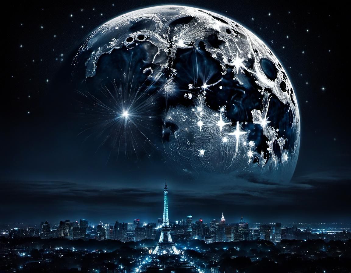 "no scars to your beautiful enchanted night city" A glow moon is the central focus of the image, beautiful stars, double...
