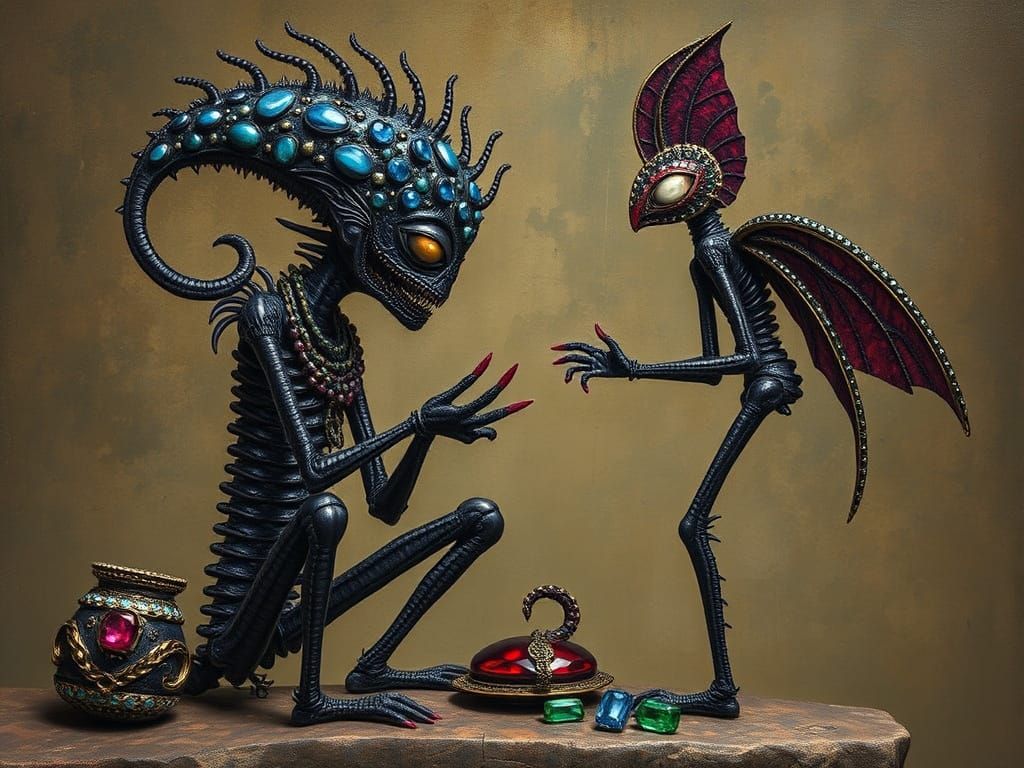 Alien Merchant with Jewels in Primitivism Style