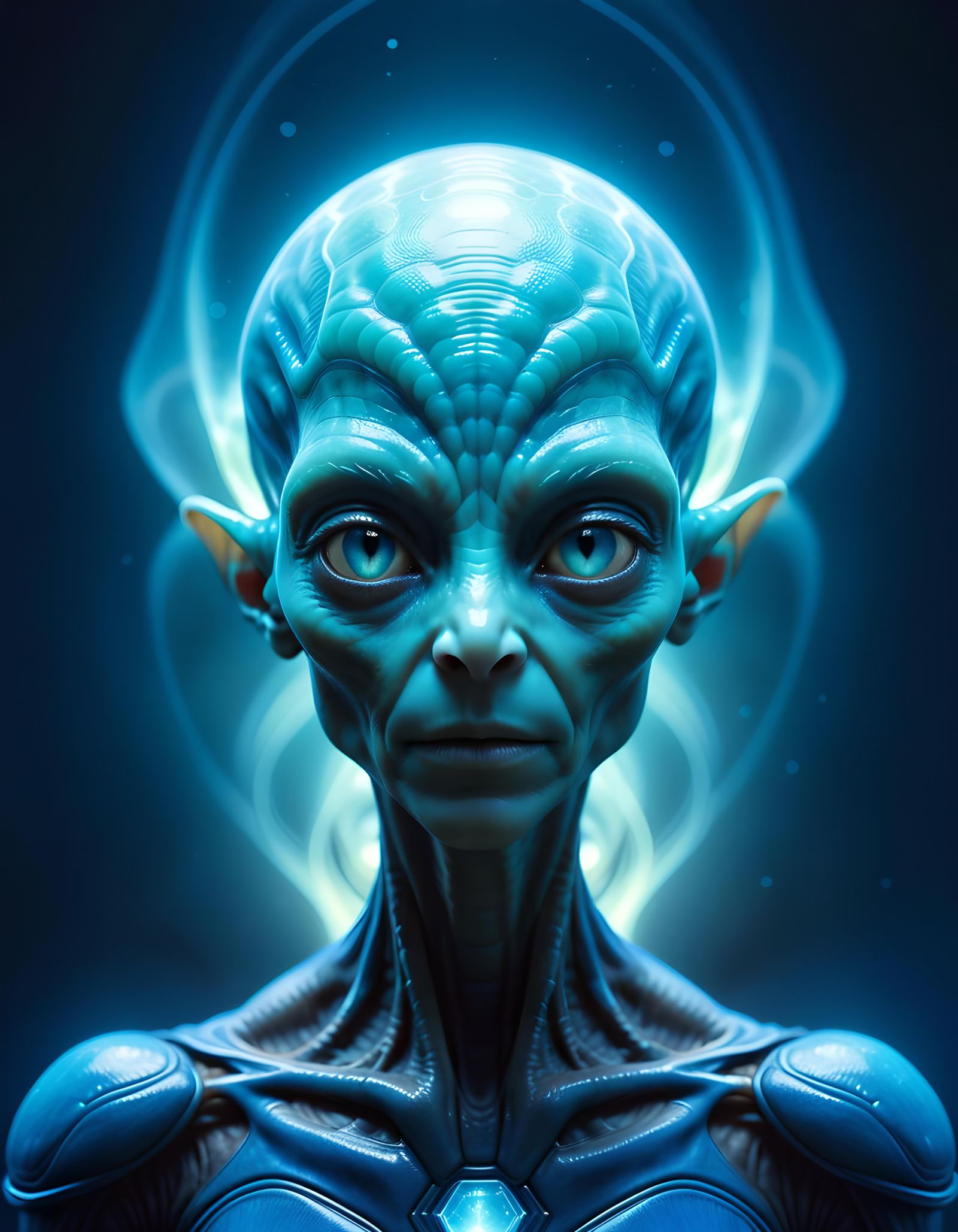 Electroluminescent Alien Portrait in Cyanotype Style