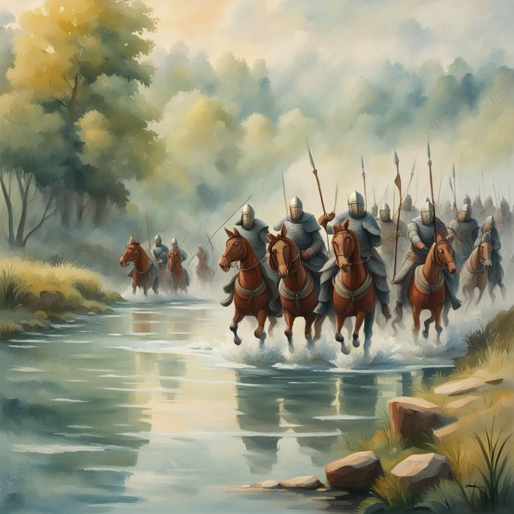 Medieval Army River Crossing in Gouache Style