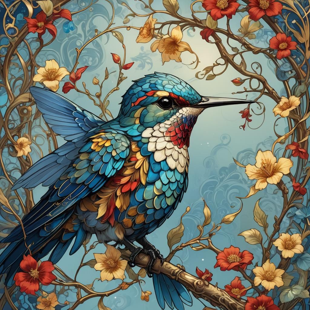 Hummingbird Portrait in Art Nouveau Style