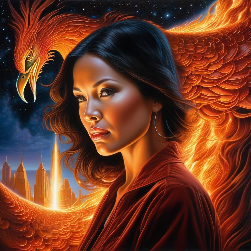 Woman and Phoenix Face-to-Face in Fiery Night