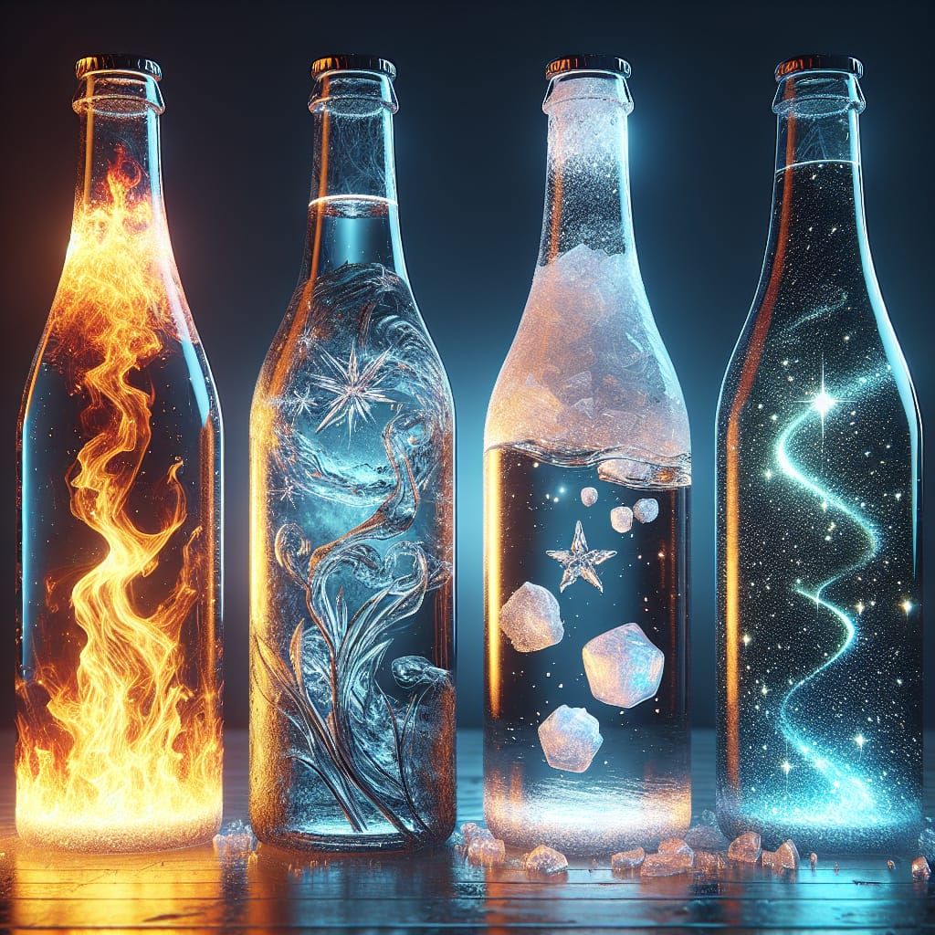 Elemental Glass Bottles: Fire, Water, Ice, Stars