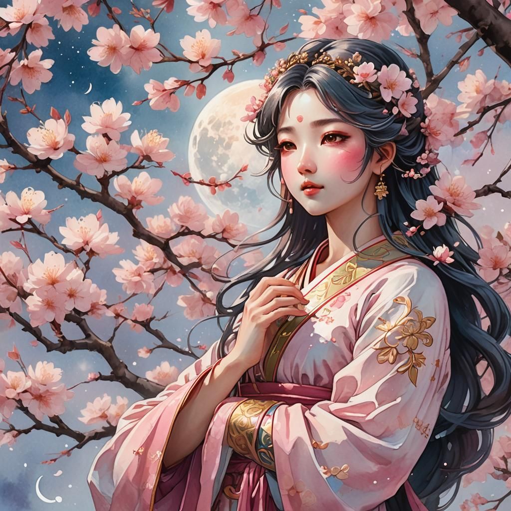Moon Goddess Breathes Life into Cherry Blossoms: Anime Art