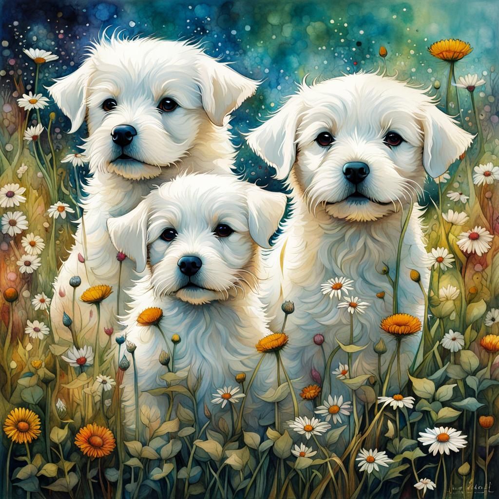 Puppies Play in Meadow: Art Brut Digital Illustration
