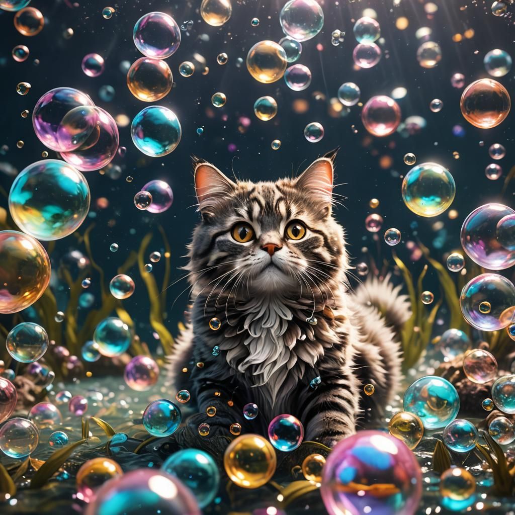 Cute Fluffy Cat Underwater with Shiny Bubbles