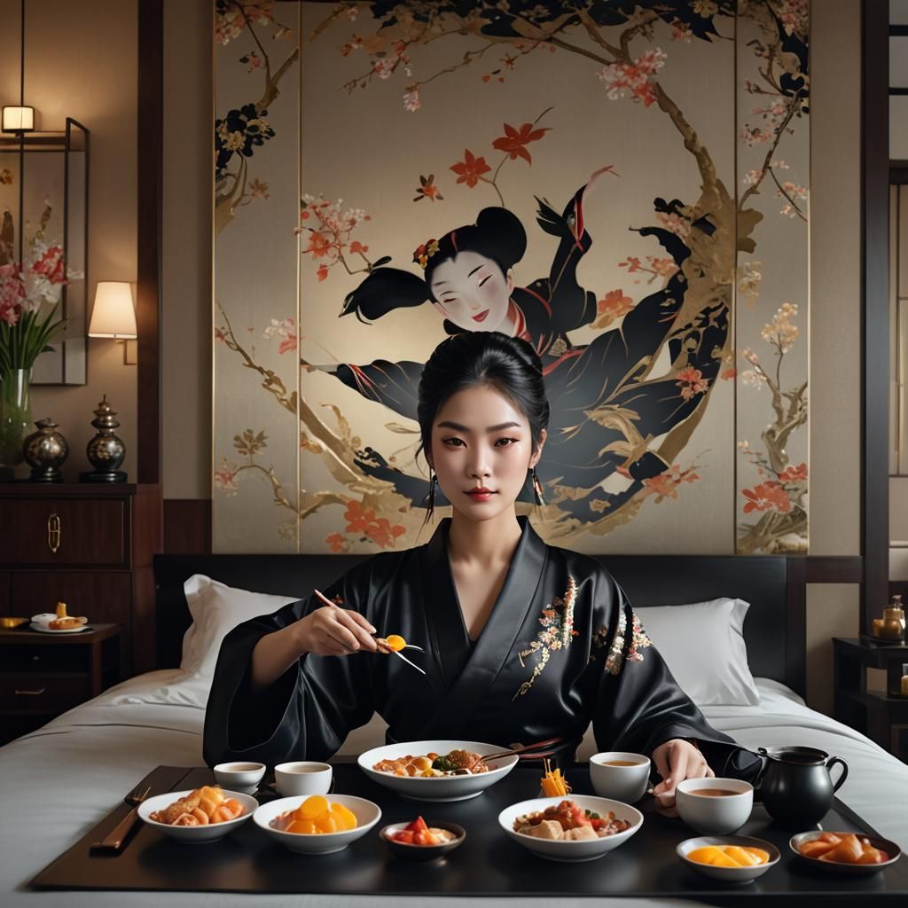 Woman in Kimono Eating Breakfast: Hyperrealistic Portrait