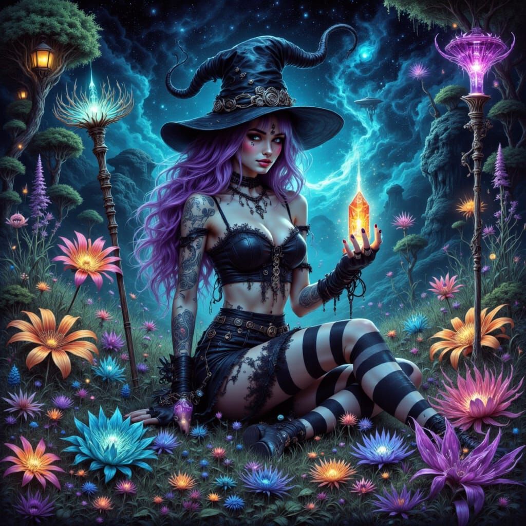 Punk Witch Tends to Bioluminescent Garden Under Swirling Gal...