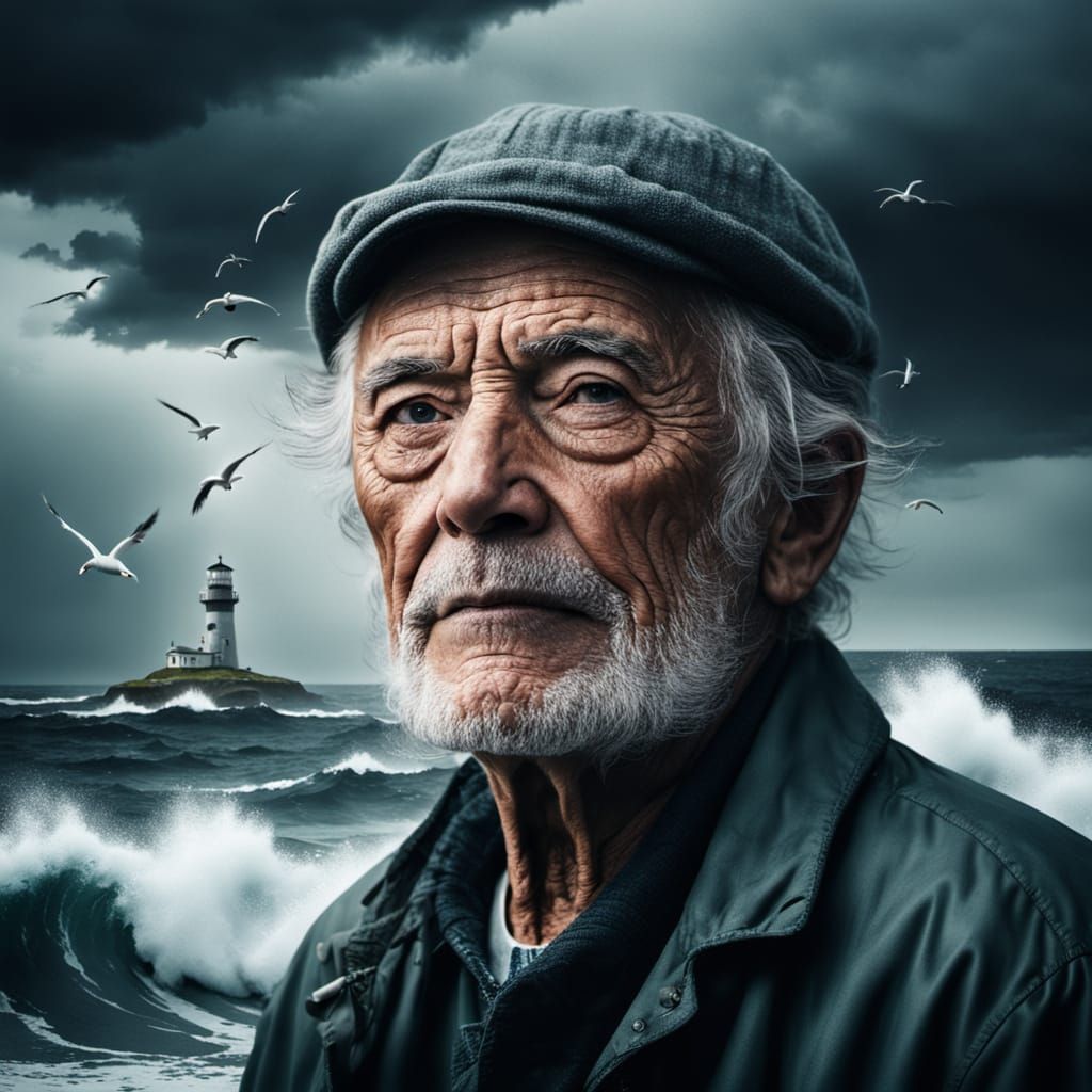 Weathered Fisherman's Face Blends with Turbulent Stormy Sea