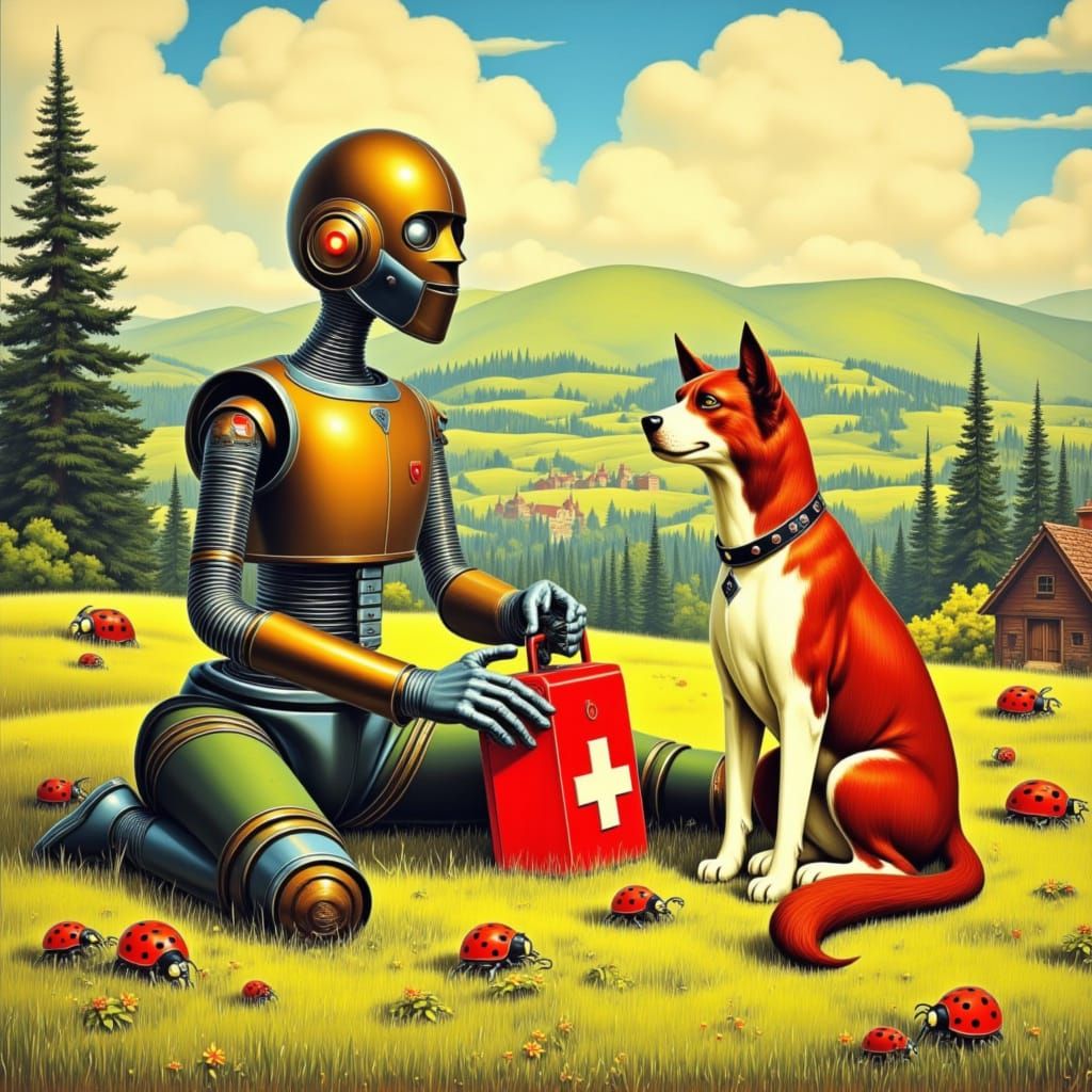 Medieval Robot and Dog with First Aid Kit