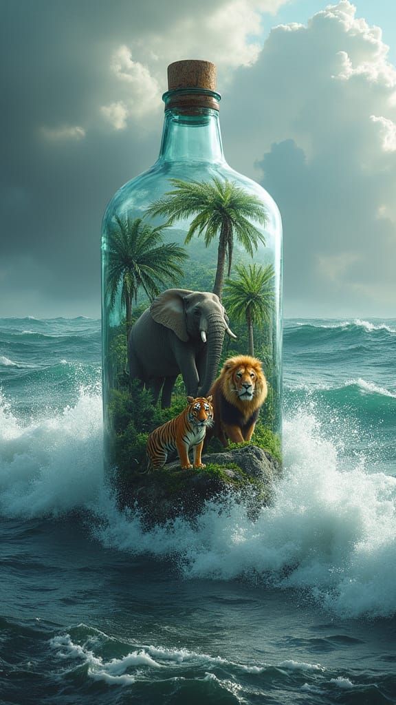 Vibrant Jungle Scene Inside Glass Bottle on Stormy Sea