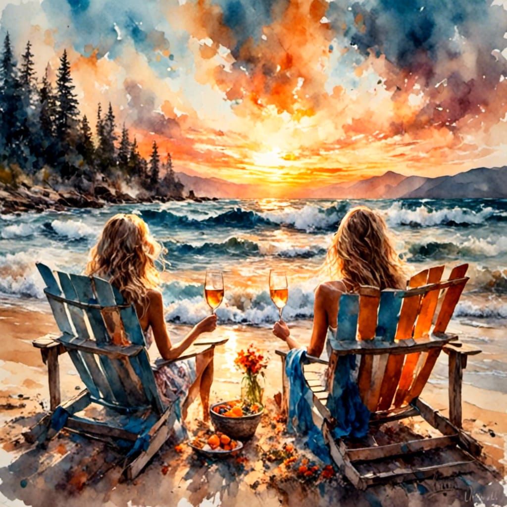 Beach Celebration: Two Women Toasting at Sunset