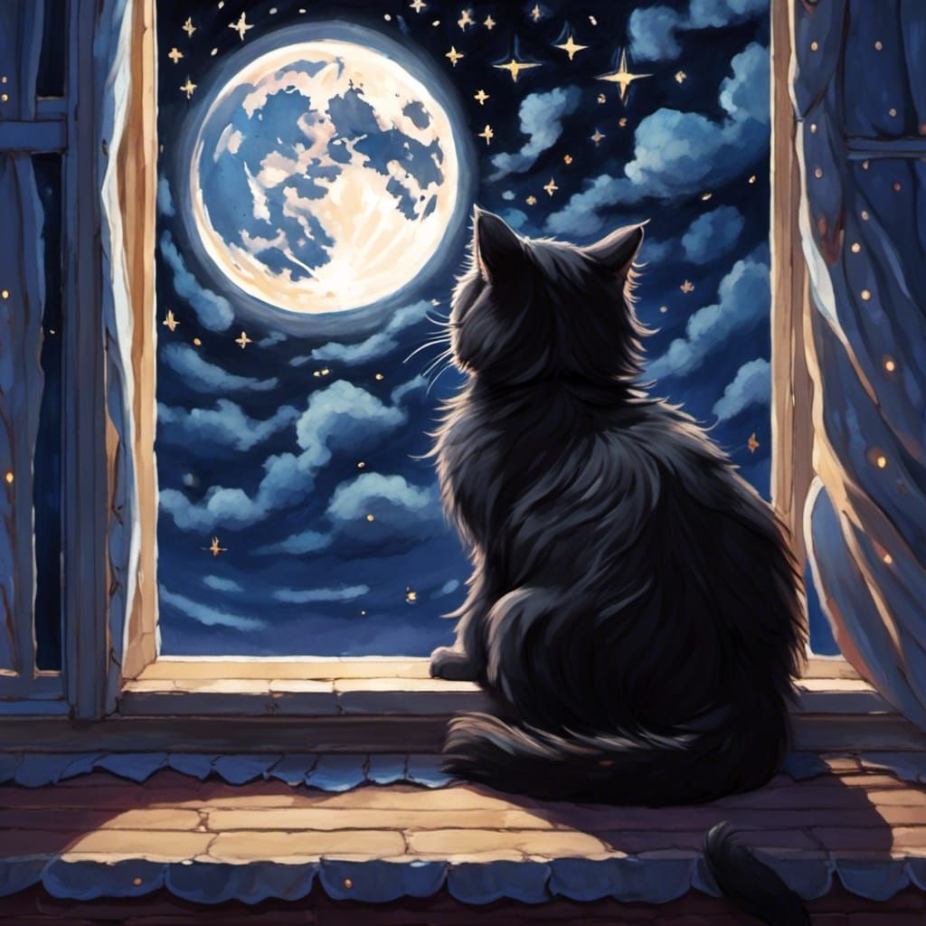 Fluffy Black Cat Gazing at Moonlit Starry Night