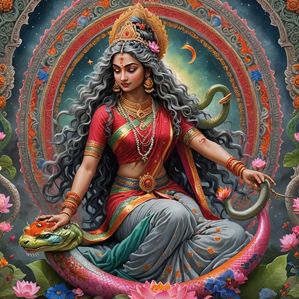 Cosmic Hindu Goddess with Sitar and Sacred Cow