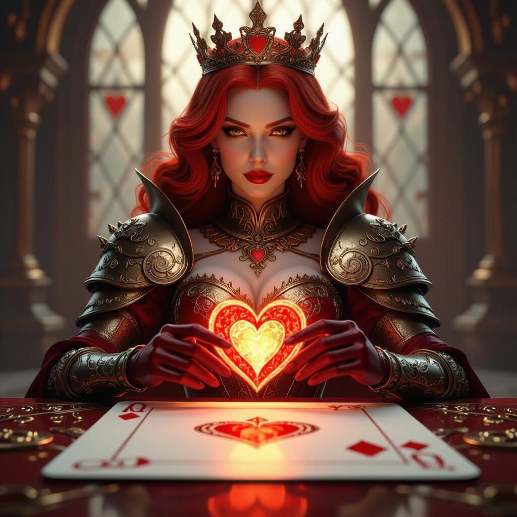 3D Queen of Hearts Playing Card with Glowing Heart