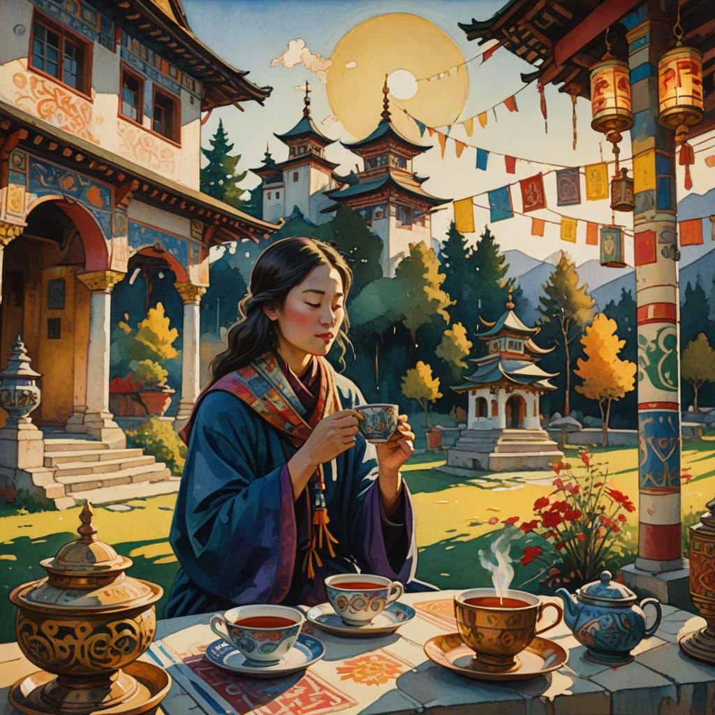 Woman in Monastery Garden with Prayer Wheels