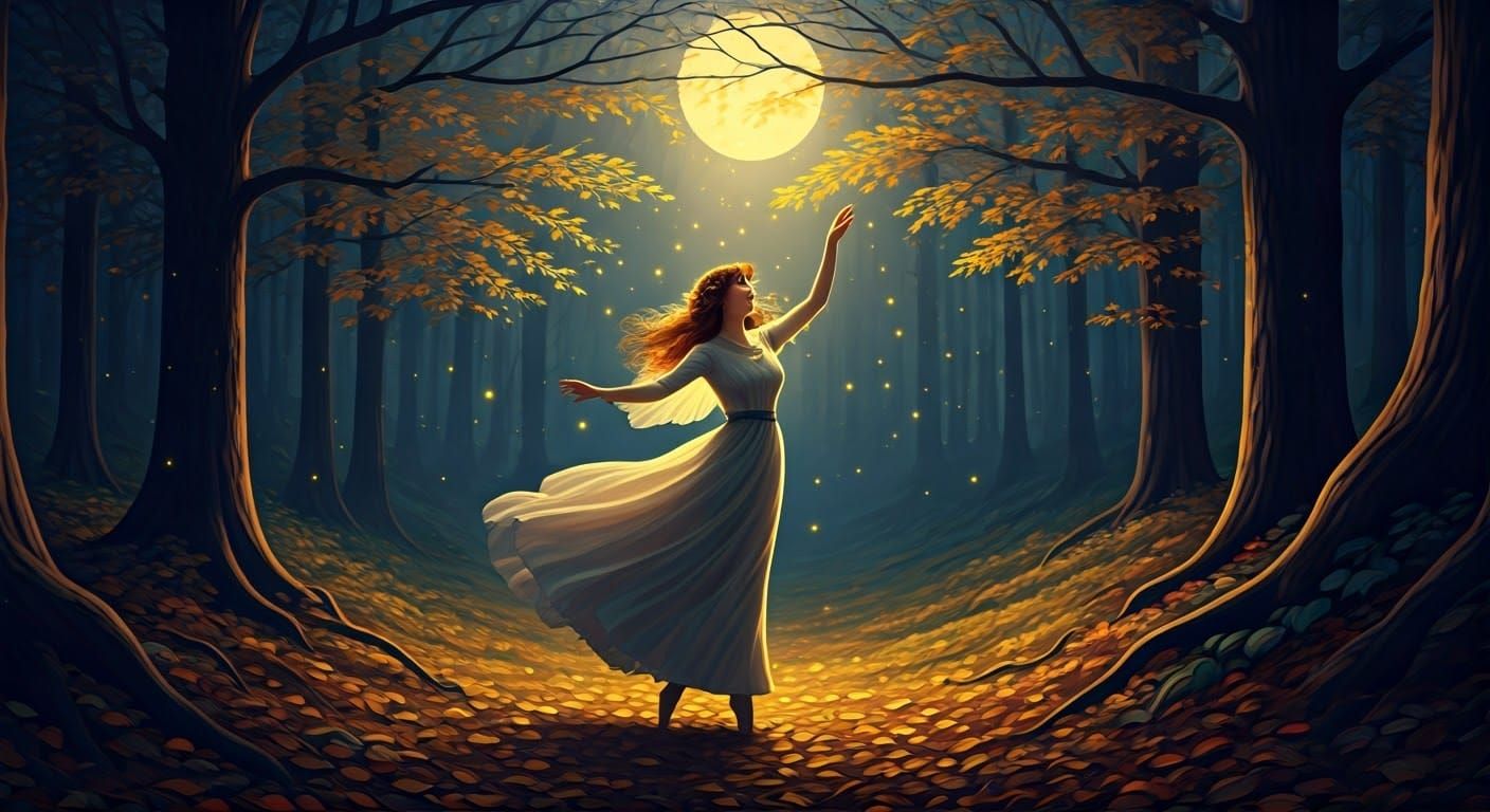 Victorian Nymph Dancing in Misty Autumn Forest