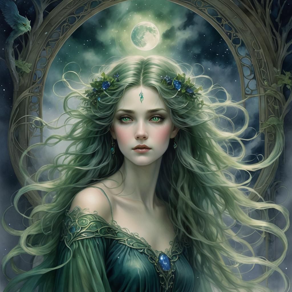 Mystical Forest Guardian Weaving Magic: Art Nouveau Style