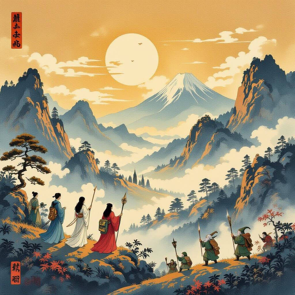 Ukiyo-e Middle-earth Landscape with Elves, Wizards, Dwarves,...