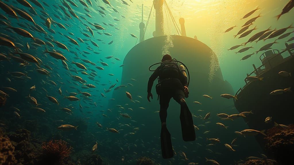 Diver's Golden Hour Exploration of Sunken Ship