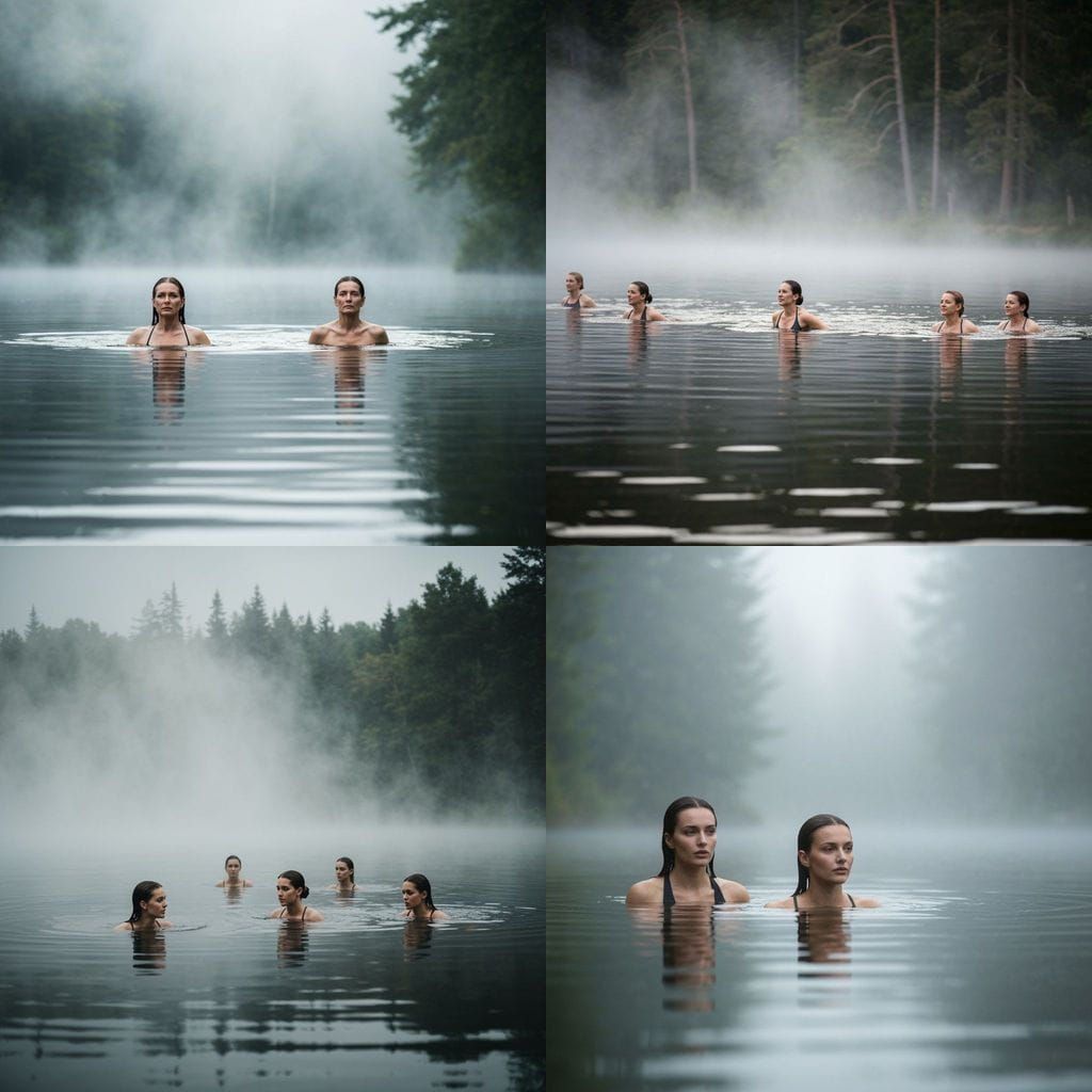 Women Swim in Foggy Forest Lake in Professional Photography