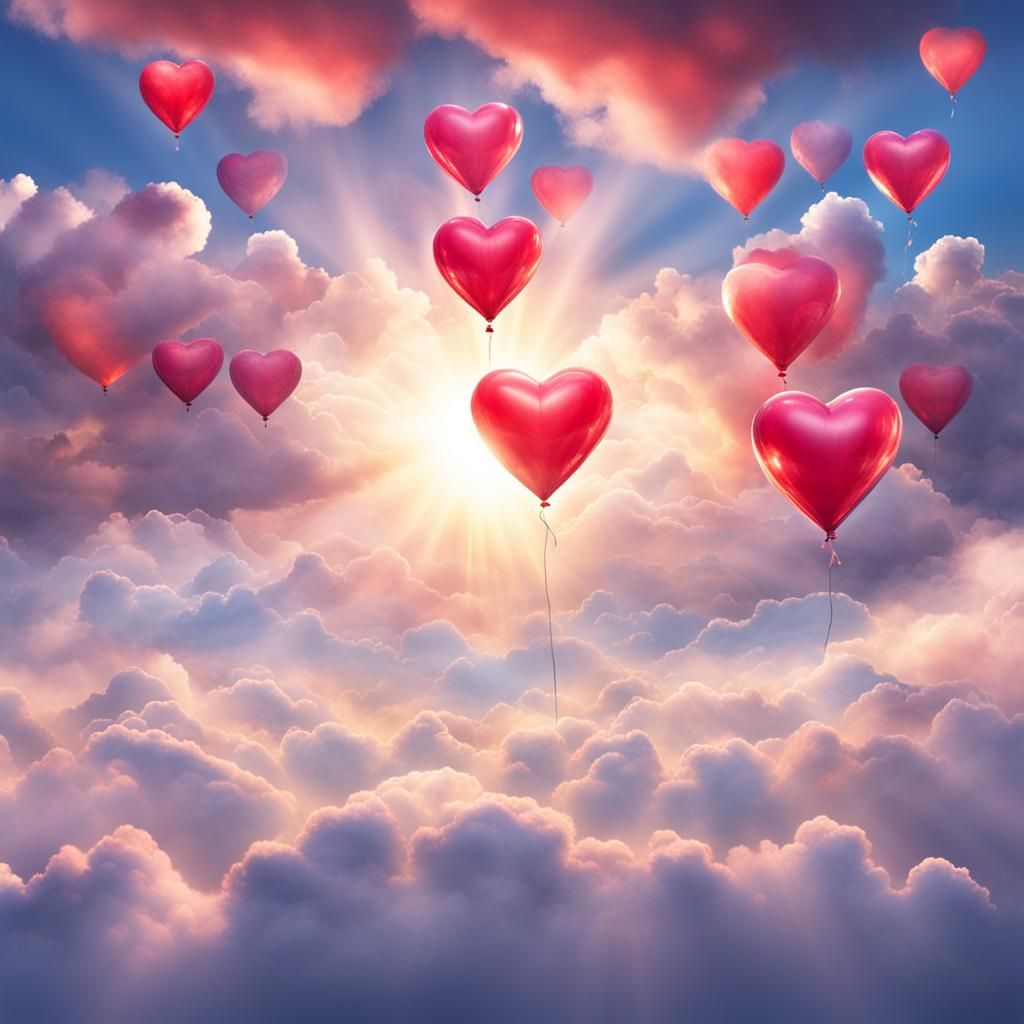 Heart Balloons in Cloudy Sky with Sunlight