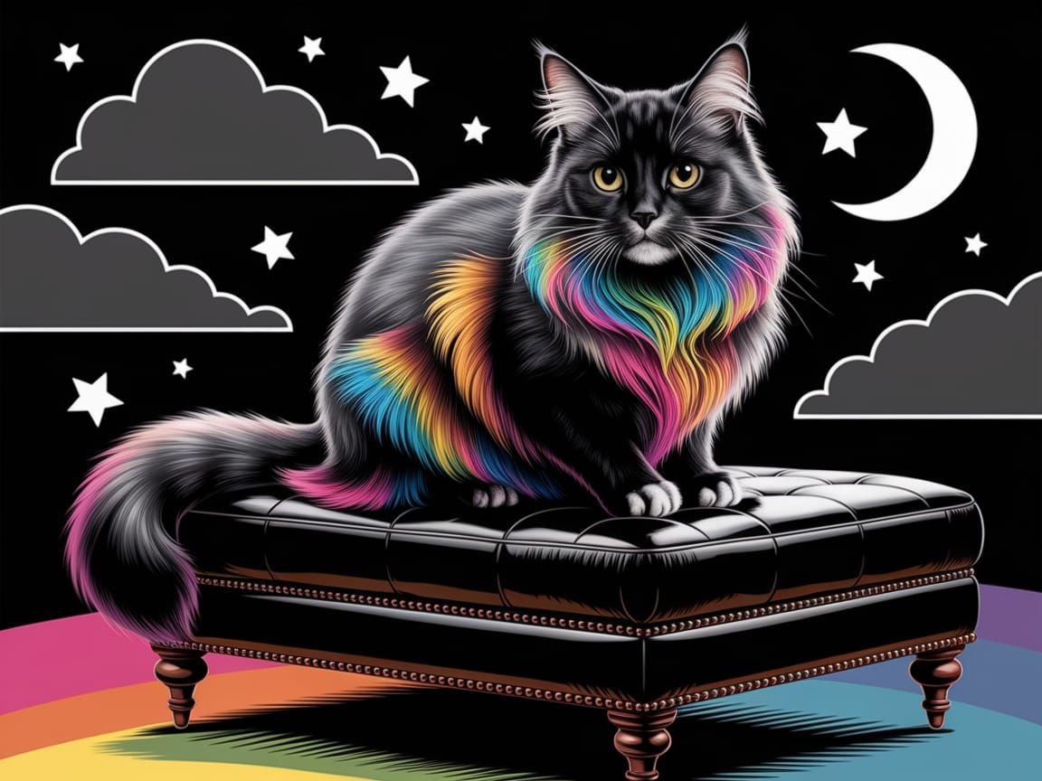Rainbow Cat on Ottoman in Whimsical Digital Art