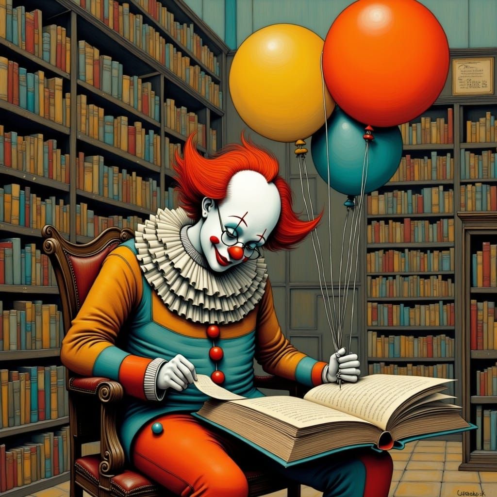 Clown Reads in Library, Fantasy Illustration