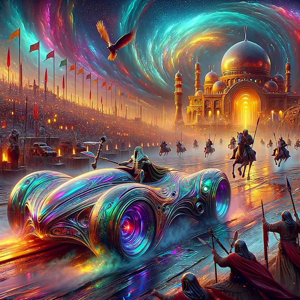 Pharaoh Races Futuristic Chariot in Sci-Fi Arena