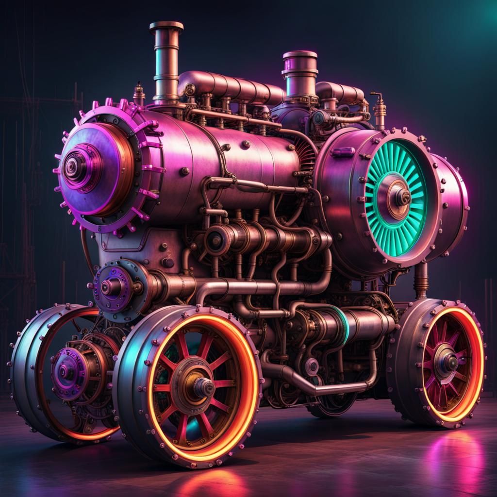 Steampunk Engine with Neon Wheels: Synthwave Style