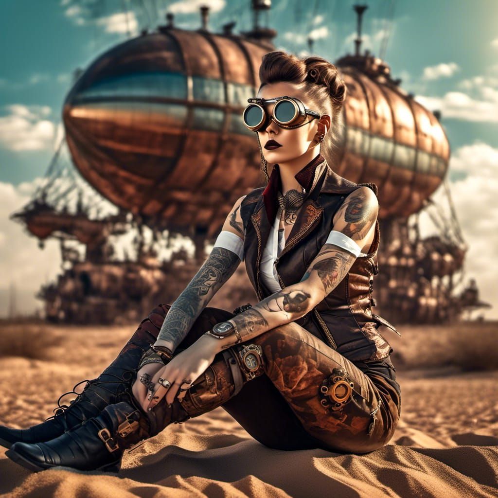 Steampunk Character in Desert with Airships