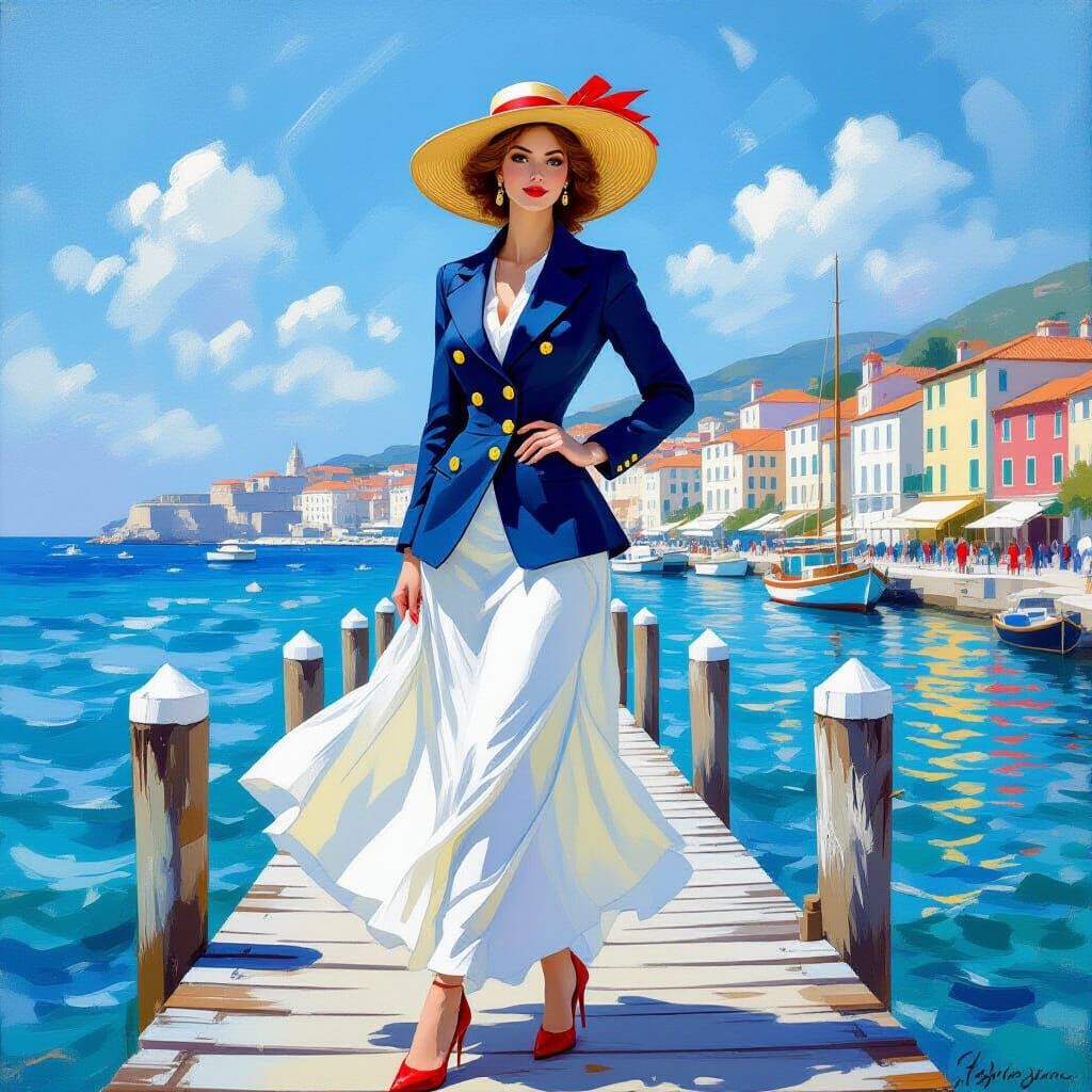 Elegant Woman on Pier in Impressionist Style