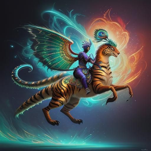 Hyperrealistic Peacock-Tiger with Dragon Wings