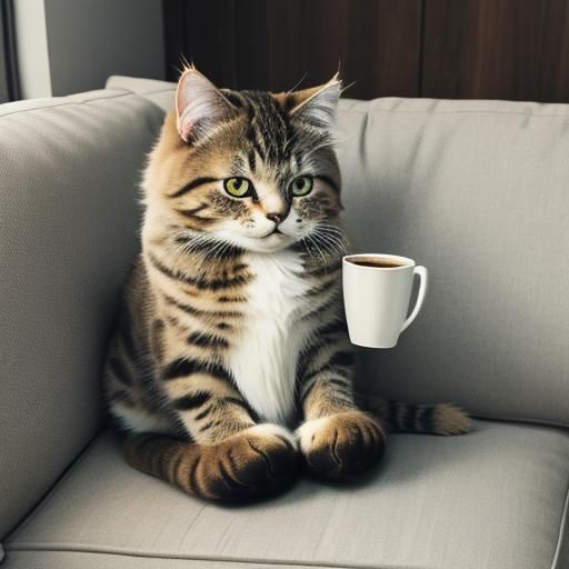 Cute Fluffy Cat Enjoying Coffee on Couch
