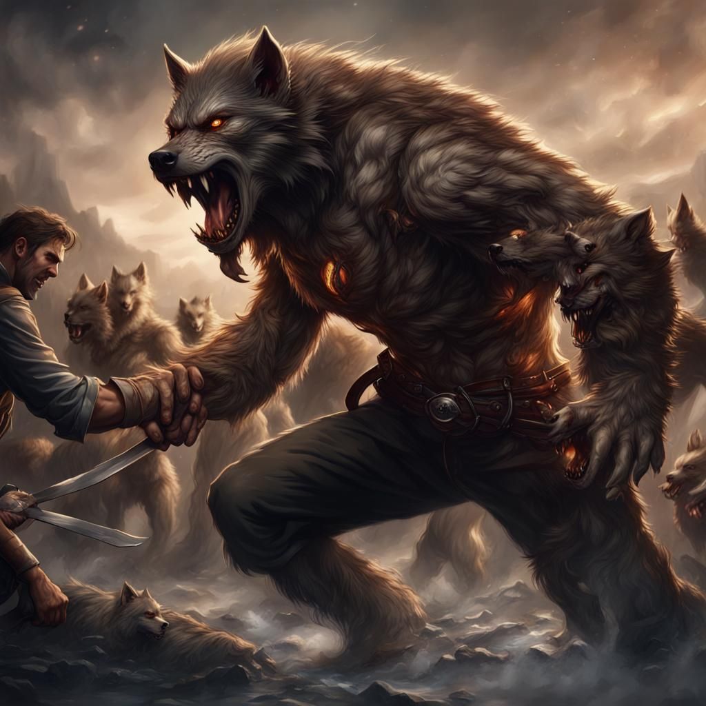 Man Battles Werewolves in Detailed Fantasy Art