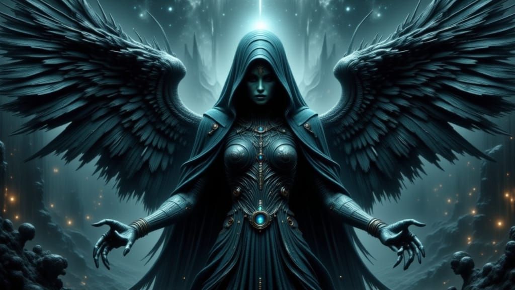 Majestic Fallen Angel, Veiled in Mystery and Defiance