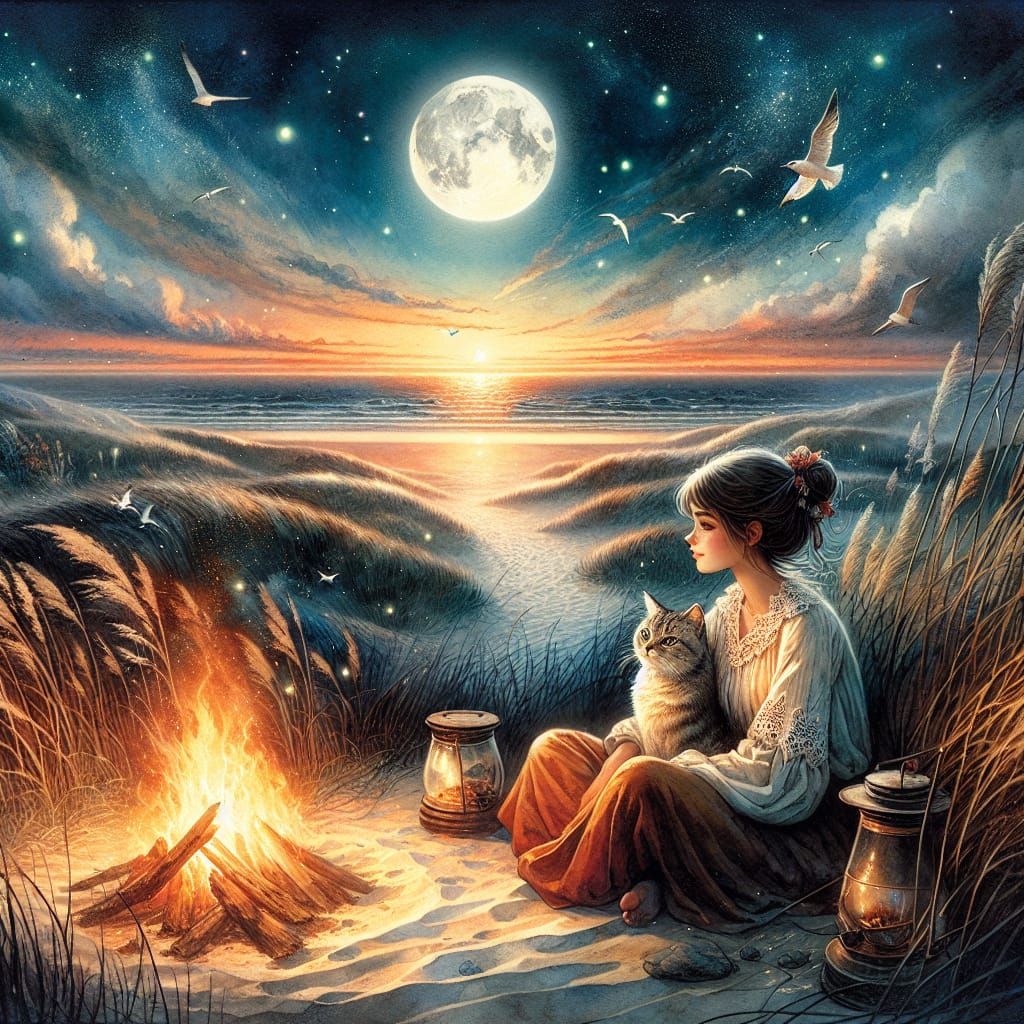 Girl and Cat Watch Moonrise on Windy Beach