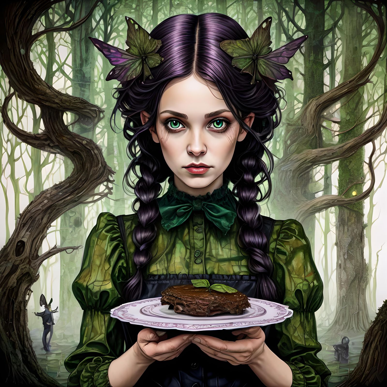 Portrait, fairy waitress, eldritch forest, ominous, tesselation, storybook, by wim delvoye, by arthur delvoye, alcohol i...
