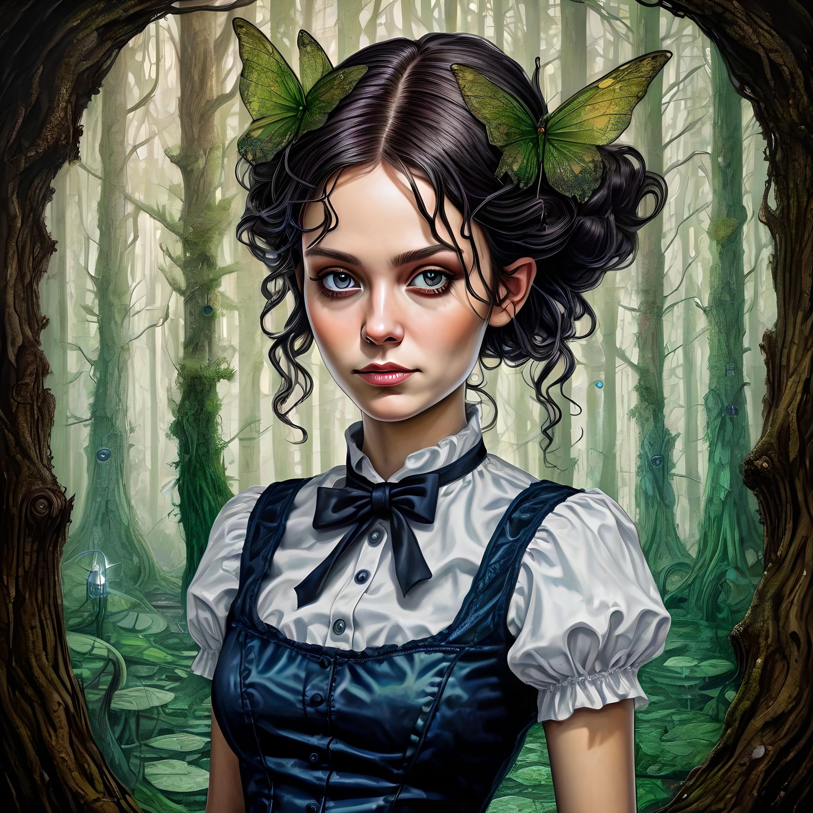 Portrait, fairy waitress, eldritch forest, ominous, tesselation, storybook, by wim delvoye, by arthur delvoye, alcohol i...