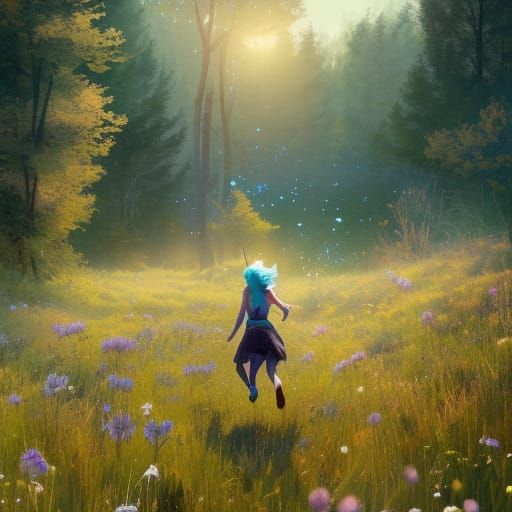Fantasy Woman Running Through Flower Meadow