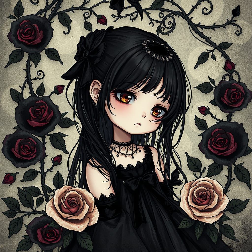 Gothic Rose Maiden in Anime-Inspired Digital Art