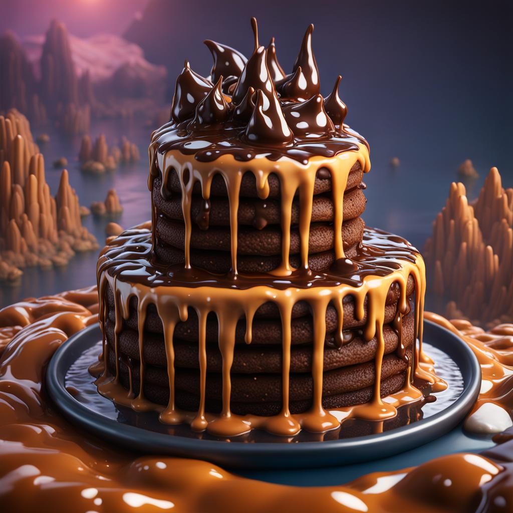 Chocolate Caramel Whole Cake Island: Detailed Matte Painting