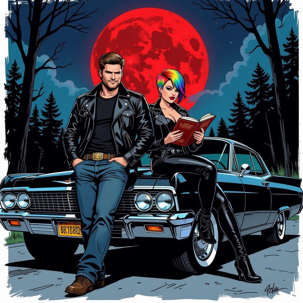 Dean Winchester and Companion Under Red Moon