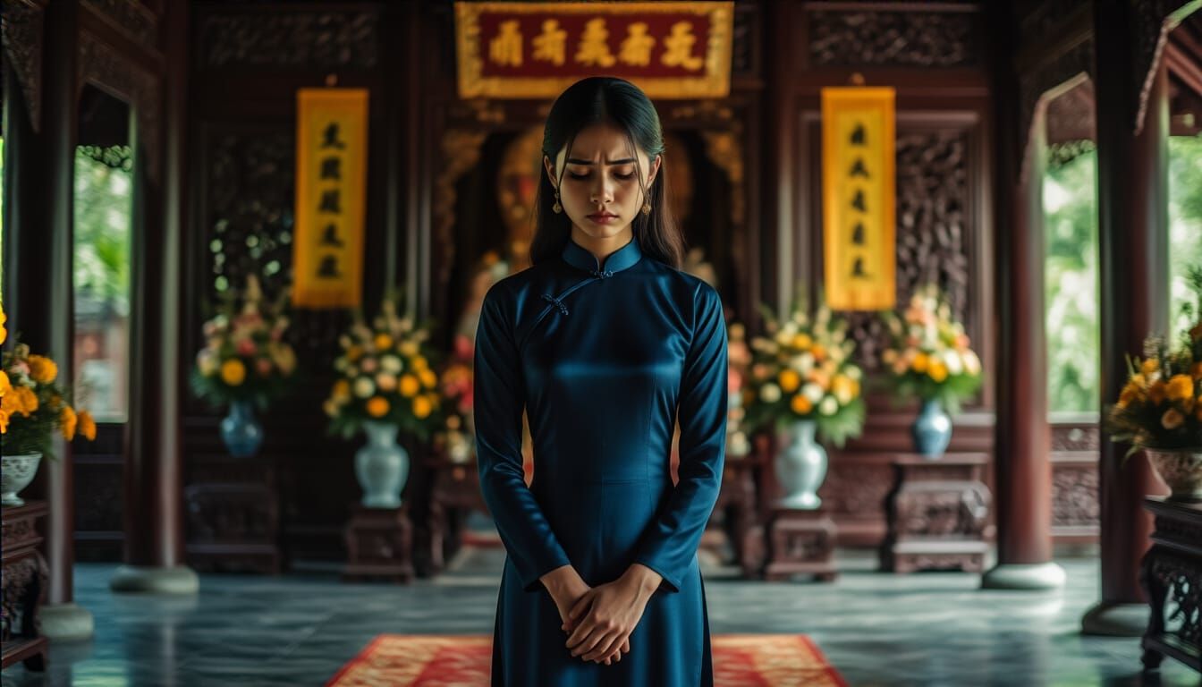 Southeast Asian Woman in Mourning Hall: Photorealistic Portr...