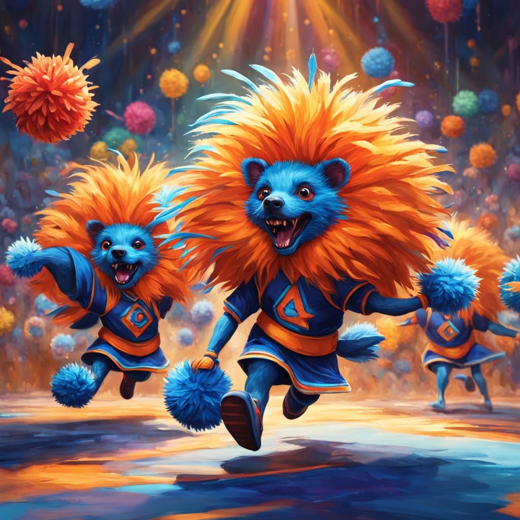Pompom Critters Chased by Cheerleader in Matte Painting Styl...