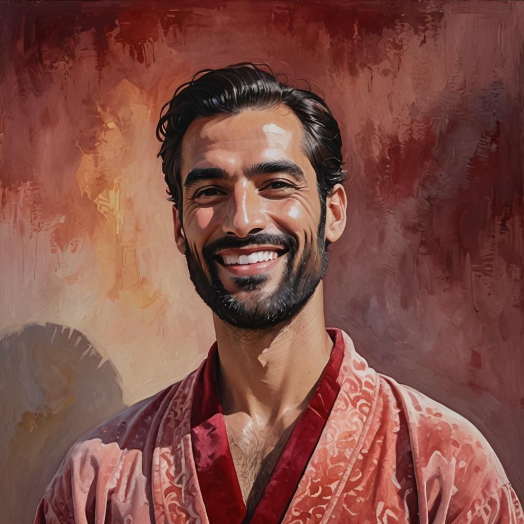 Joyful Man in Red Velvet Robes as Impasto Painting