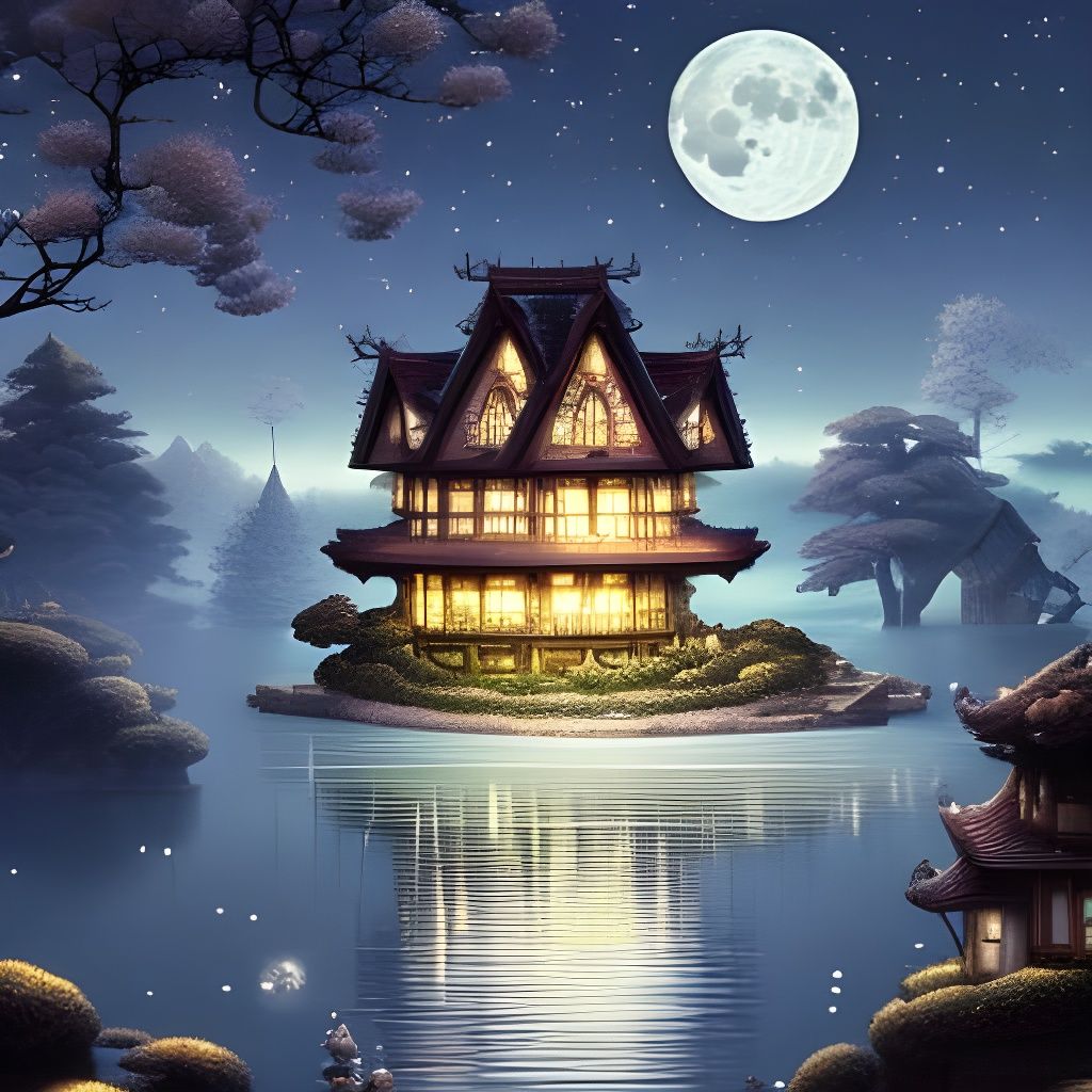 Detailed Bonsai Village Under Moonlight, Art Nouveau Style